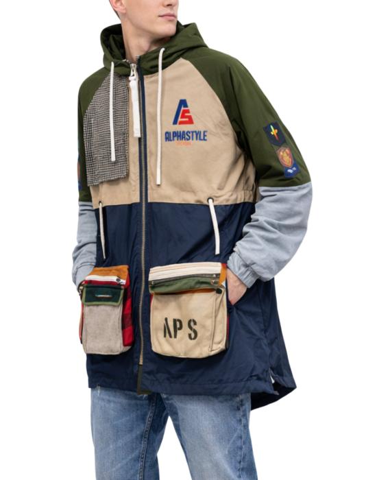  알파스타일 자켓 알파 스타일 남성용 패치워크 파카 멀티컬러 후드 및 지퍼 포함 3027 베르데 - ALPHASTYLE