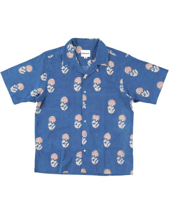  DUSHYANT. 반팔 셔츠 두샨트. 돈 캠프 칼라  블루 트라이벌 플로럴 프린트