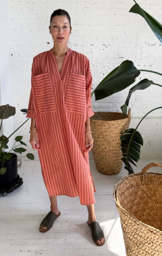  투 롱 원피스 코랄 스트라이프  포켓 카프탄