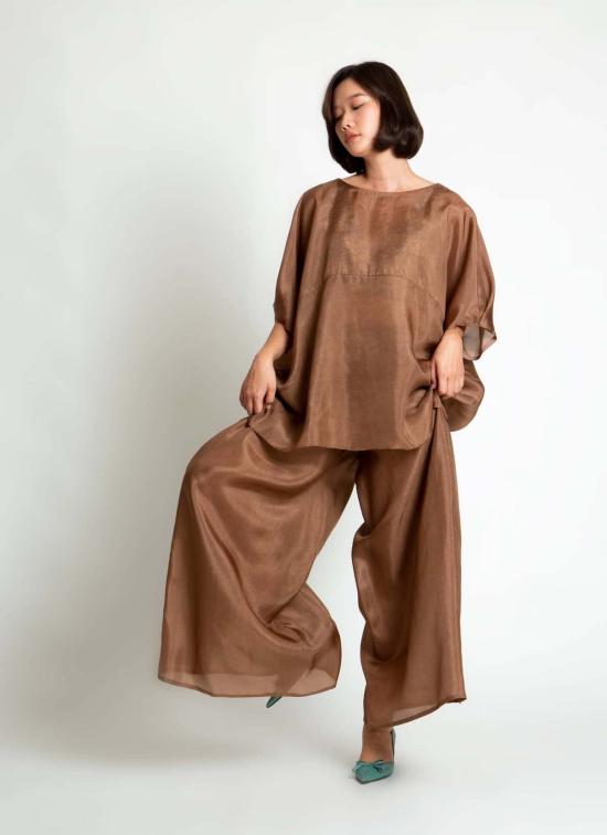  KAAREM 스트레이트 팬츠 카렘 마블 플리츠 실크 오간자 포켓 팬츠 (엘라스틱 밴드 포함) 브라운 실크 오간자 - OTHER BRANDS