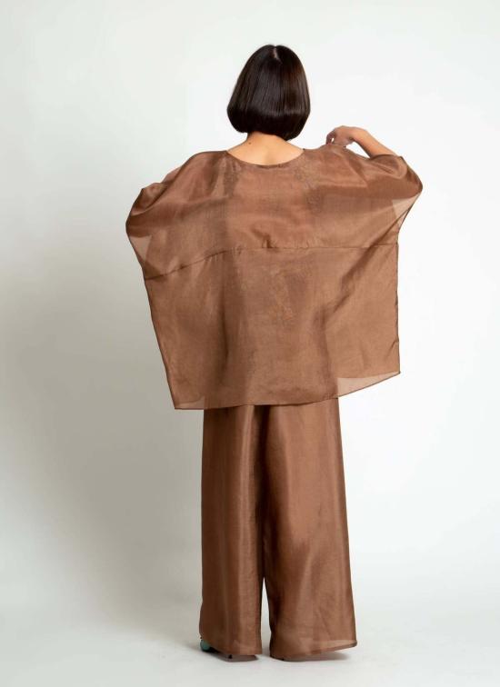  KAAREM 스트레이트 팬츠 카렘 마블 플리츠 실크 오간자 포켓 팬츠 (엘라스틱 밴드 포함) 브라운 실크 오간자