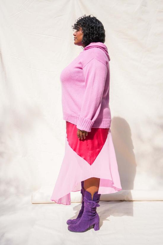  아바카시 롱 스커트 실크 투톤 바이어스 슬립 스커트 - ABACAXI