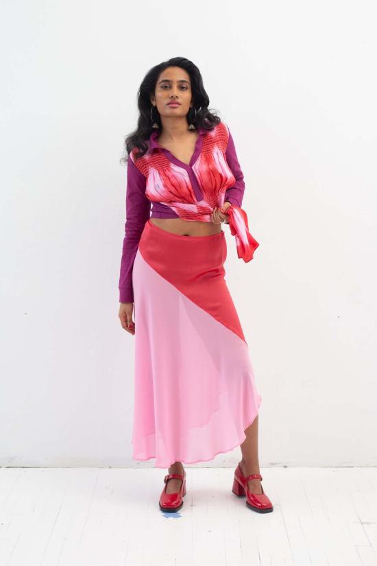  아바카시 롱 스커트 실크 투톤 바이어스 슬립 스커트 - ABACAXI