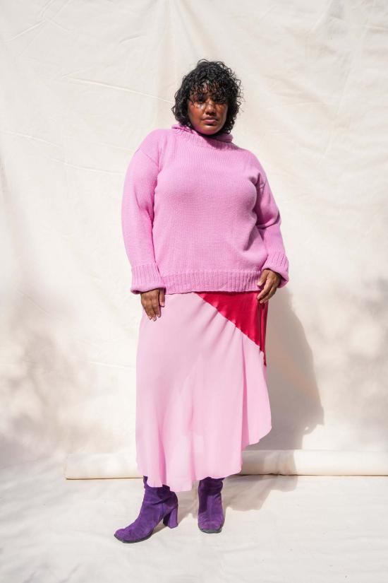  아바카시 롱 스커트 실크 투톤 바이어스 슬립 스커트 - ABACAXI