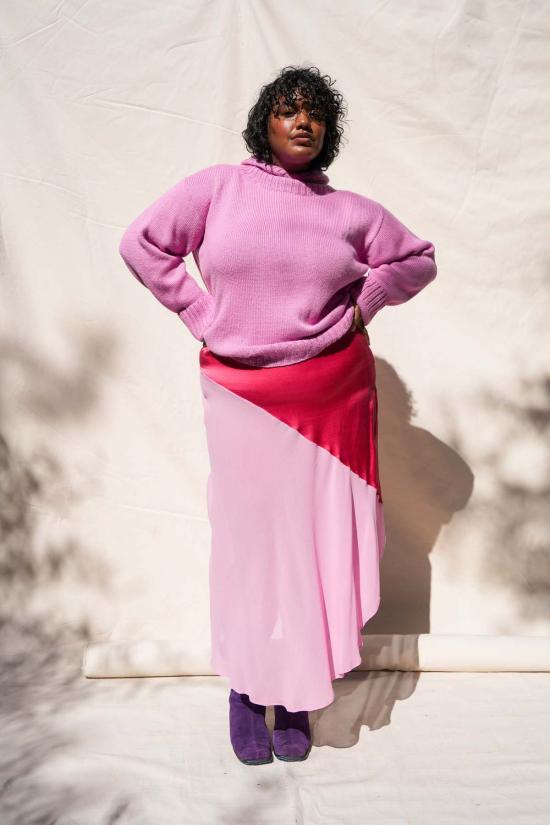  아바카시 롱 스커트 실크 투톤 바이어스 슬립 스커트