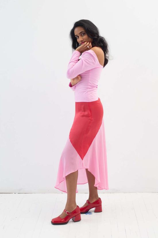  아바카시 롱 스커트 실크 투톤 바이어스 슬립 스커트 - ABACAXI