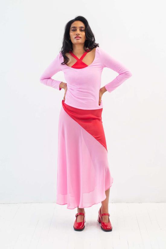  아바카시 롱 스커트 실크 투톤 바이어스 슬립 스커트 - ABACAXI