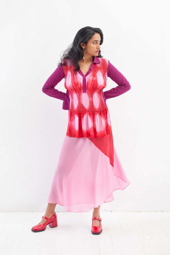  아바카시 롱 스커트 실크 투톤 바이어스 슬립 스커트 - ABACAXI