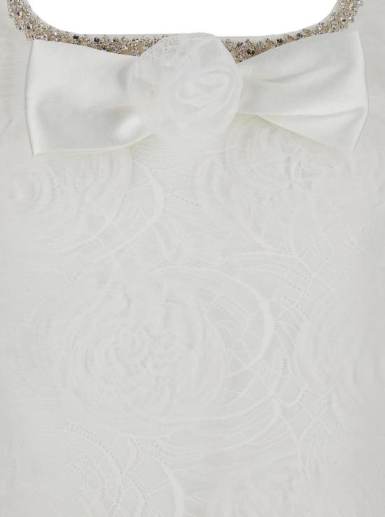  셀프 포트레이트 숏 원피스 화이트 미니 드레스, 스퀘어넥 디자인에 앞면 리본 디테일, 테크니컬 원단 사용 - SELF PORTRAIT