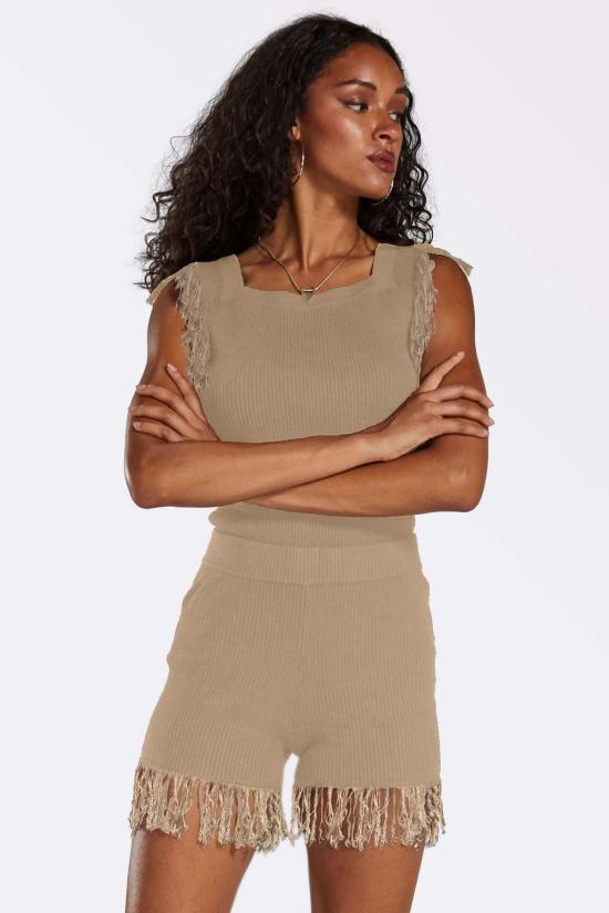  팽 민소매 티셔츠 팡 니트 프린지 탱크 샴페인