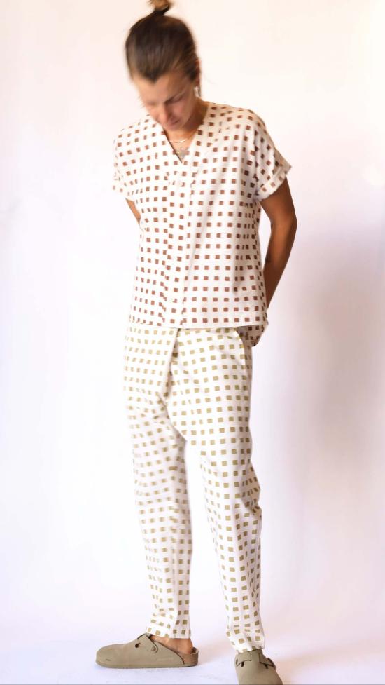  시커 스트레이트 팬츠 핸드 블록 프린트 수크 팬츠