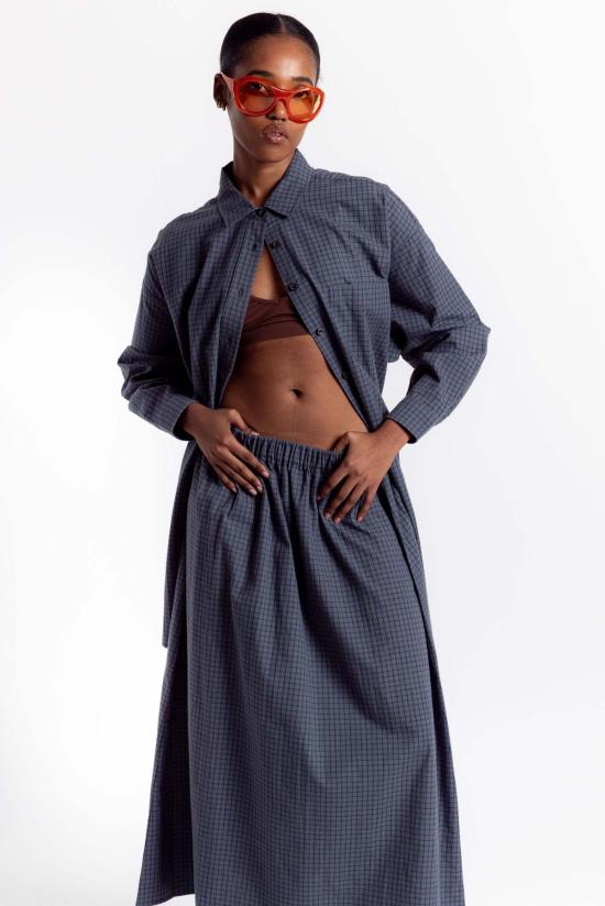  리타 롱 스커트 로우 포투스 스커트 블루 체크 - RITA