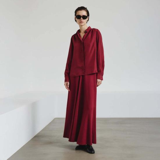 포망데레 블라우스 포만데레 하부타이 실크 셔츠 와인 레드 - POMANDERE