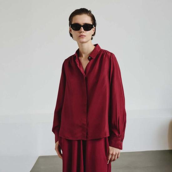  포망데레 블라우스 포만데레 하부타이 실크 셔츠 와인 레드