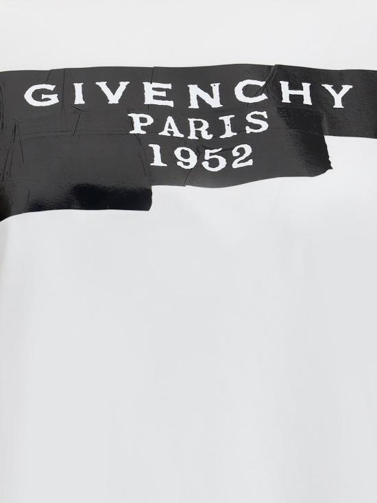  지방시 반팔 티셔츠 코튼 티셔츠, 블랙  테이프 프린트, 화이트 색상 - GIVENCHY
