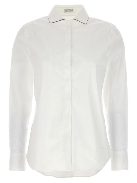  브루넬로 쿠치넬리 블라우스 스트레치 코튼 포플린 셔츠, 광택 있는 칼라 트림, 비앙코 색상