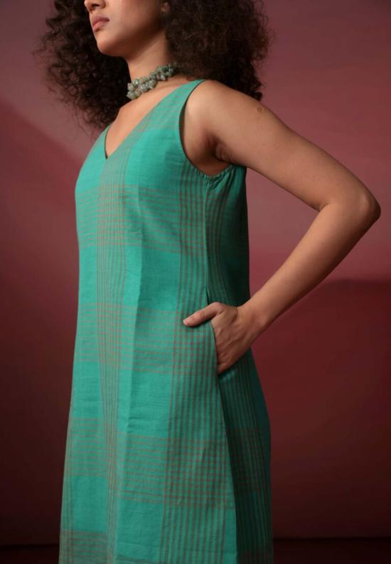  이키비 롱 원피스 터쿼이즈 체크 드레스 아쿠아 그린 - IKKIVI