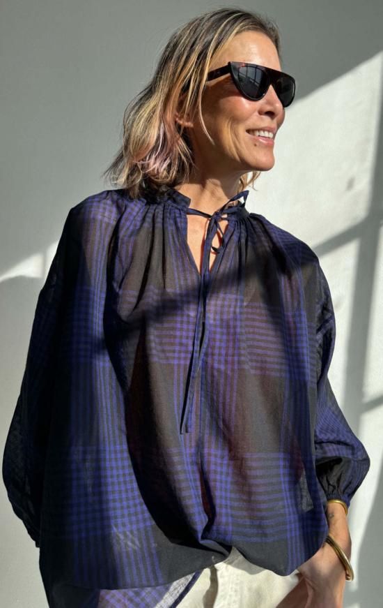  투 블라우스 시스루 플래드 보헤미안 탑 블랙/이브 블루 플래드 - TWO