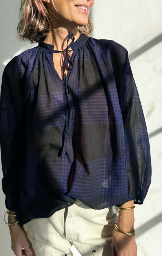  투 블라우스 시스루 플래드 보헤미안 탑 블랙/이브 블루 플래드 - TWO