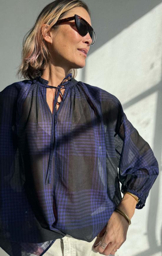  투 블라우스 시스루 플래드 보헤미안 탑 블랙/이브 블루 플래드 - TWO