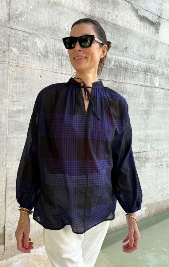  투 블라우스 시스루 플래드 보헤미안 탑 블랙/이브 블루 플래드