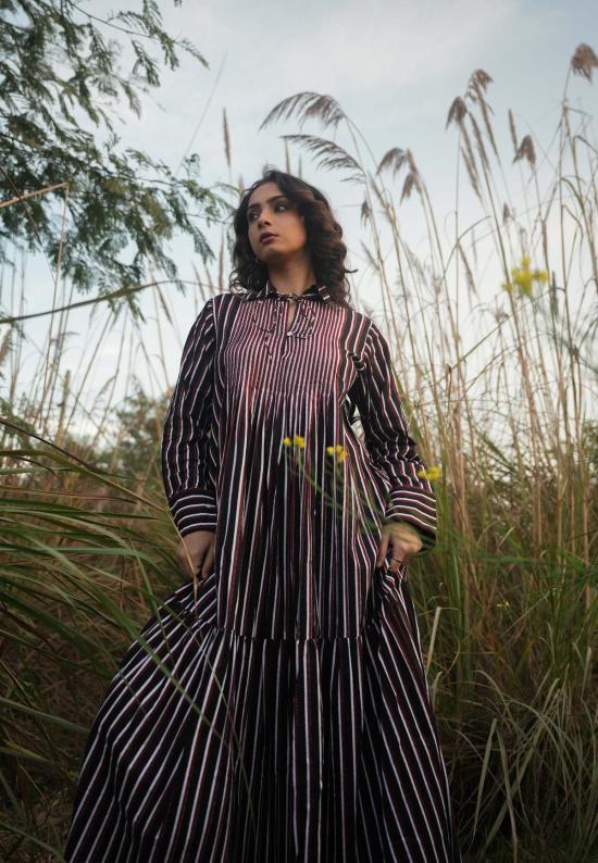  이키비 롱 원피스 아카리 스트라이프 드레스 - IKKIVI