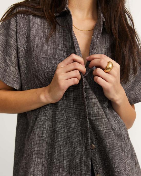  LWN 숏 원피스 Lwn Nou 드레스 크로스 해치 린넨 초콜릿 - OTHER BRANDS