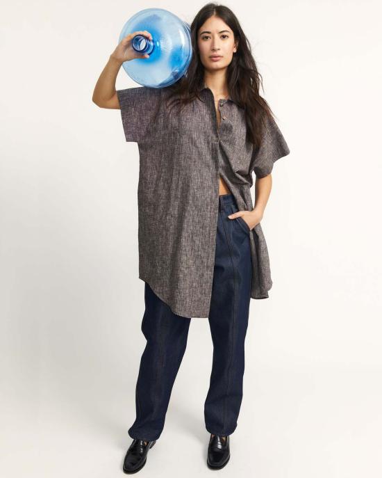  LWN 숏 원피스 Lwn Nou 드레스 크로스 해치 린넨 초콜릿 - OTHER BRANDS