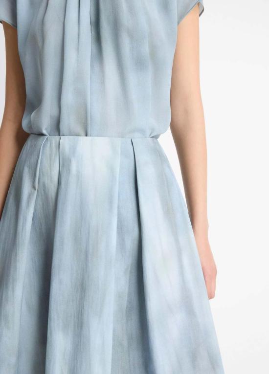  빈스 미디 스커트 워시드 옴브레 코튼 플리츠 니 스커트 아주라 워시 - VINCE