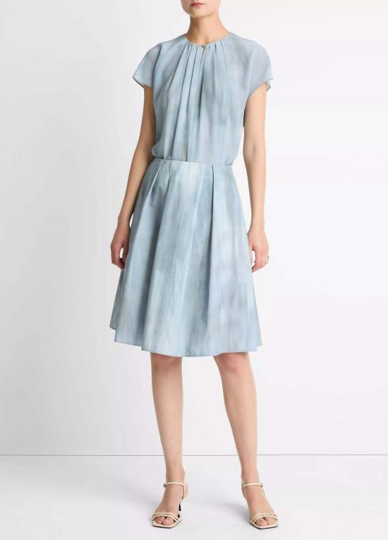  빈스 미디 스커트 워시드 옴브레 코튼 플리츠 니 스커트 아주라 워시