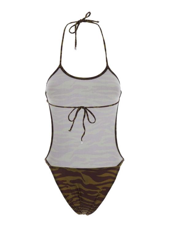  디 아티코 원피스 수영복 아티코 홀터넥 타이 수영복 (전체 프린트, 녹색) - THE ATTICO