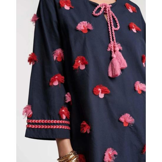  프란체스 발렌타인 튜닉 프랜시스 발렌타인 카프리  공작새 자수 코튼  드레스 네이비/핑크 - FRANCES VALENTINE