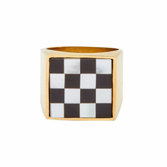  타린 토마스 반지 사무엘 , 체크무늬 블랙 오닉스와 화이트 자개 - TARIN THOMAS