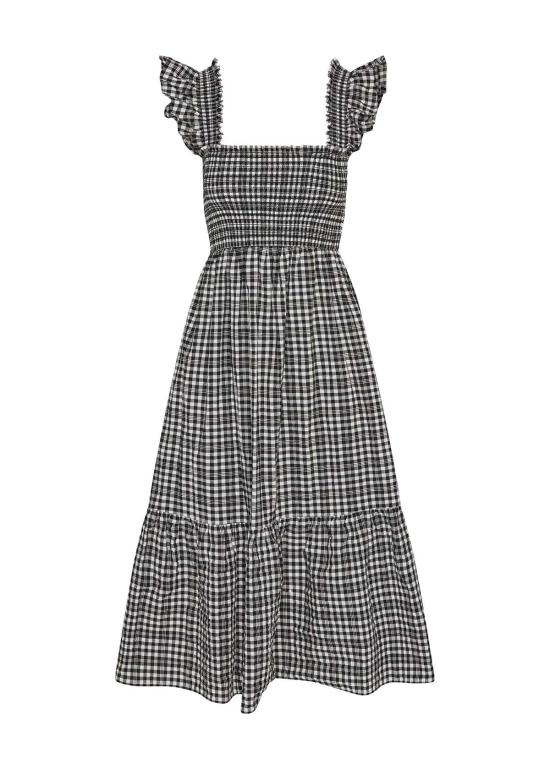  더 스탠다드 스티치 미디 원피스 스탠다드 스티치 플라운스 스모크 미디 드레스 블랙 체크 - THE STANDARD STITCH