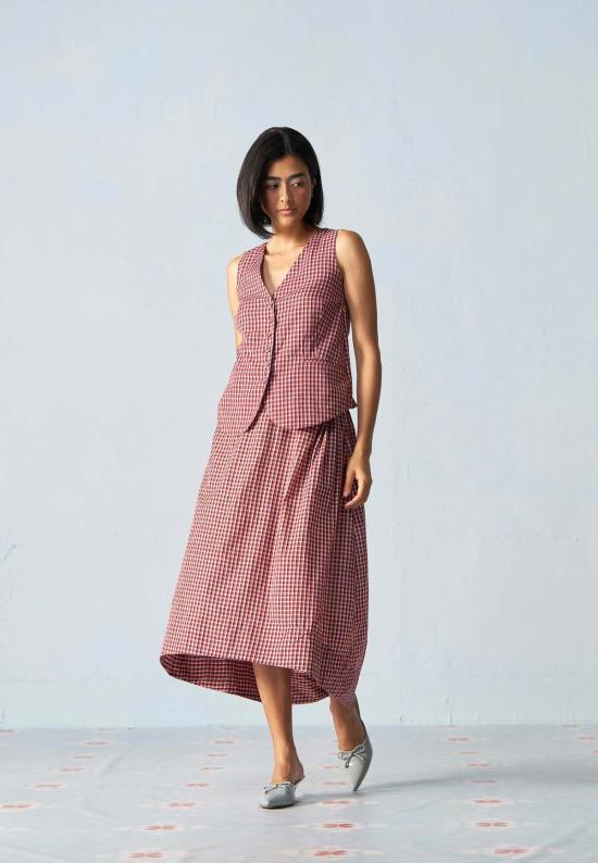  이키비 미디 스커트 오후 행사 학교 그리드 코디 세트 레드 - IKKIVI