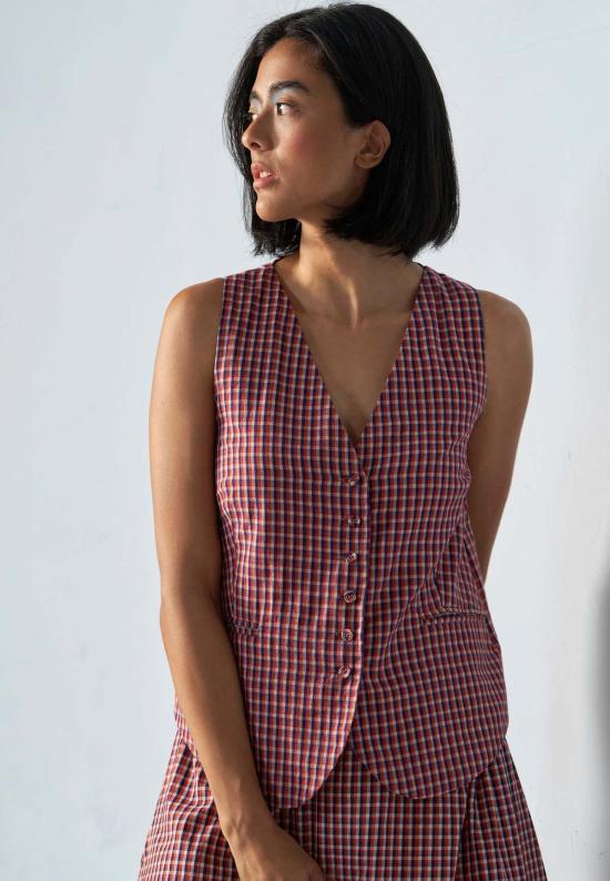  이키비 미디 스커트 오후 행사 학교 그리드 코디 세트 레드 - IKKIVI