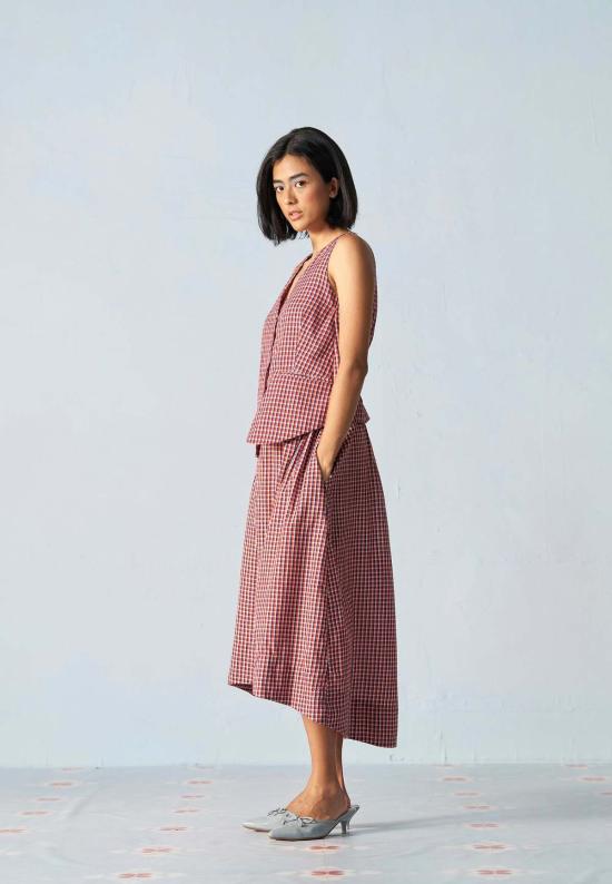  이키비 미디 스커트 오후 행사 학교 그리드 코디 세트 레드 - IKKIVI