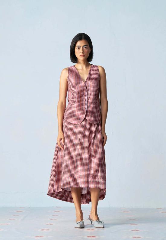  이키비 미디 스커트 오후 행사 학교 그리드 코디 세트 레드 - IKKIVI