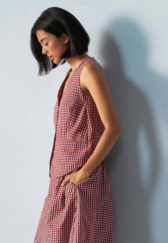  이키비 미디 스커트 오후 행사 학교 그리드 코디 세트 레드 - IKKIVI