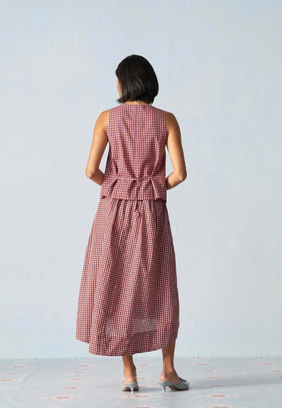  이키비 미디 스커트 오후 행사 학교 그리드 코디 세트 레드 - IKKIVI