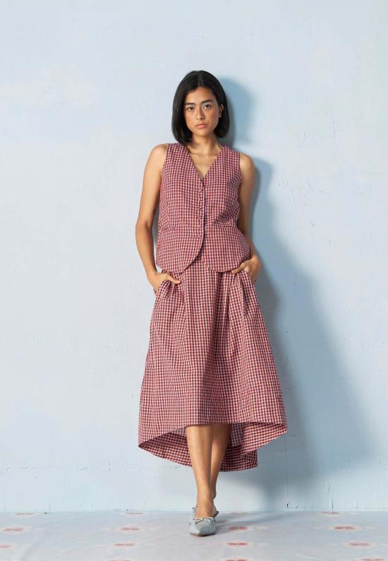  이키비 미디 스커트 오후 행사 학교 그리드 코디 세트 레드