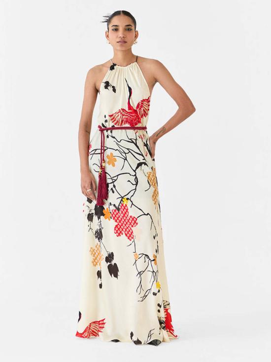  IKKIVI 롱 원피스 이키비 레드 크레인 홀터 드레스 오프 화이트