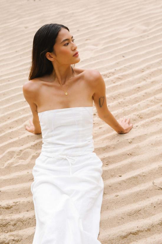  앳 던 민소매 티셔츠 새벽에. 린넨 기하학 무늬 코르셋 멀티 - AT DAWN.