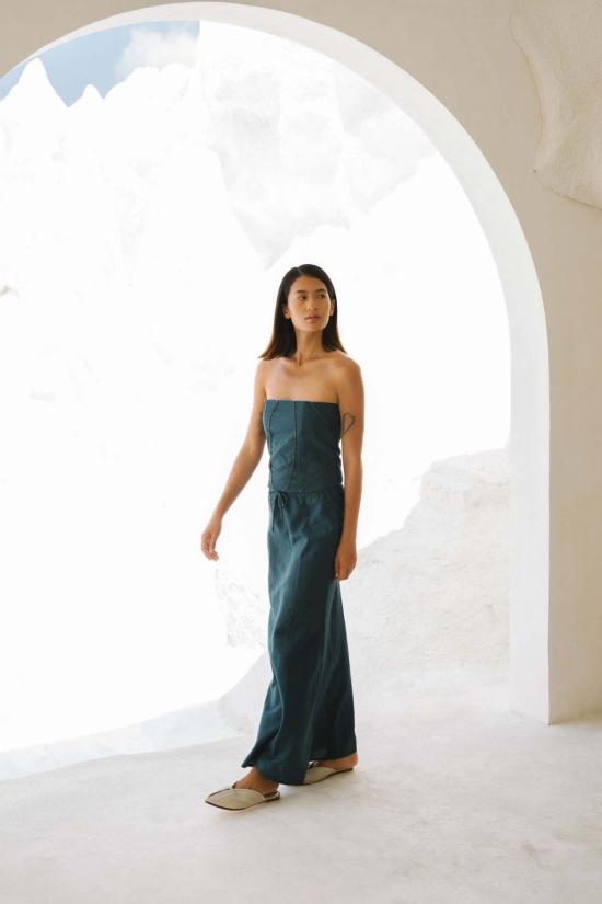  앳 던 민소매 티셔츠 새벽에. 린넨 기하학 무늬 코르셋 멀티 - AT DAWN.