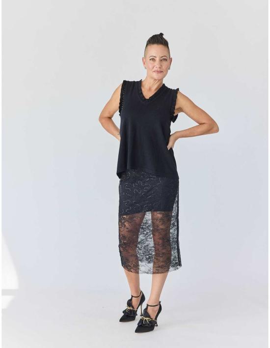  린제이 니콜라스 뉴욕 민소매 티셔츠 린지 니콜라스 뉴욕 프릴 브이넥 쉘탑 블랙 - LINDSAY NICHOLAS NEW YORK