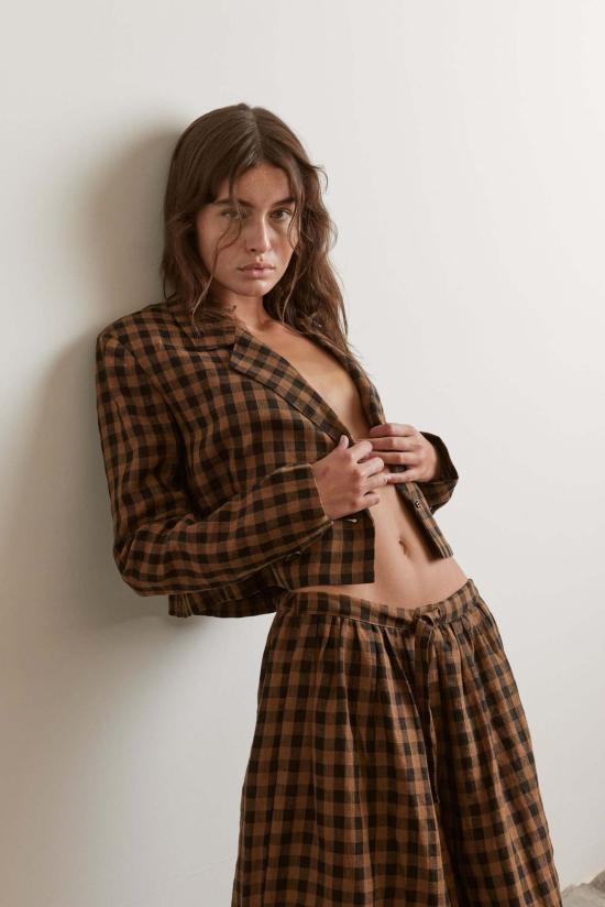  아멘테 자켓 크롭 린넨 체크 재킷