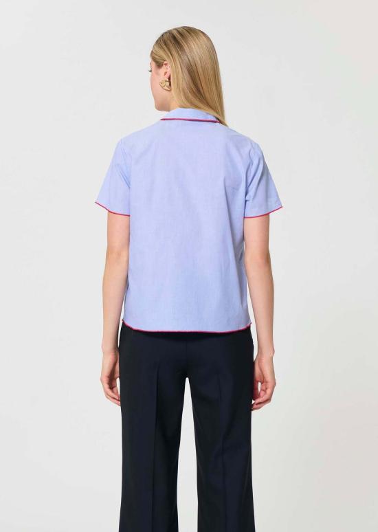  타라 자몬 블라우스 테니스 탑 스카이 블루 얇은 줄무늬 탑 - TARA JARMON