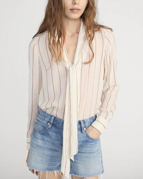  프레임 블라우스 스트라이프 실크 타이  크림 - FRAME