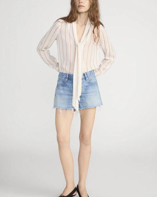  프레임 블라우스 스트라이프 실크 타이  크림 - FRAME