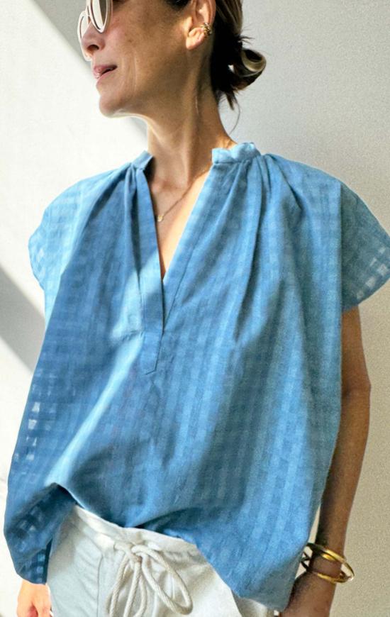  Two 블라우스 투 카디 셔츠 샴브레이 블루 그리드